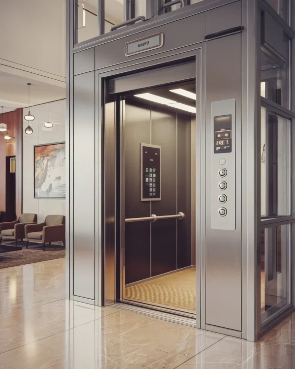 metal-elevator-with-closed-ajar-open-lift-doors-hallway-realistic-empty-office-lobby-interio
